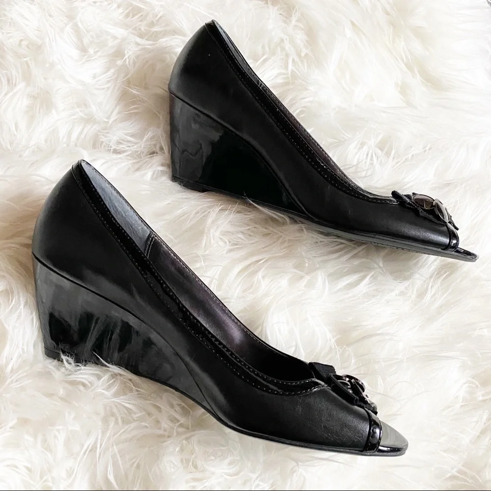 Etienne Aigner Black Peep Toe Patent Wedges SZ 8.5